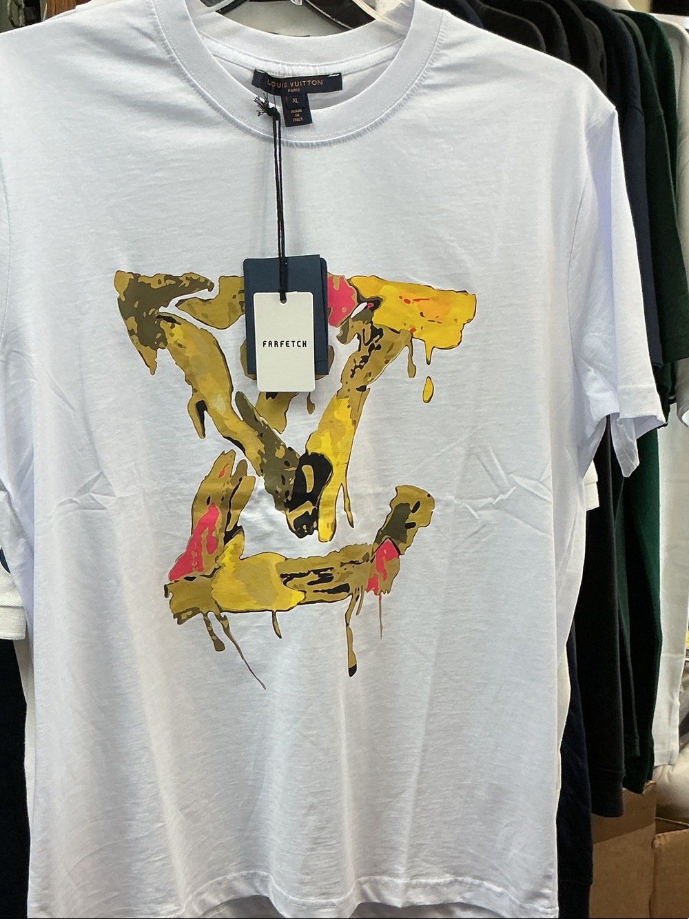 Louis Vuitton White T-Shirt with Gold and Pink Drip LV Graphic
